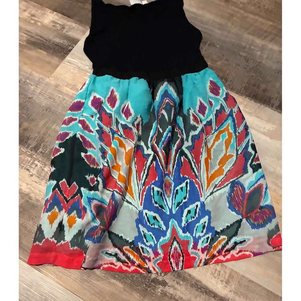New York & Company Sleeveless Ikat Print Fit Flare Dress Black Multi Color L - Picture 2 of 4